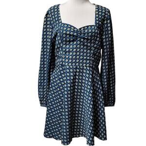 NWT Band of the Free Genevieve Teal Diamond Long Sleeve Mini Dress Mod 60's Vibe